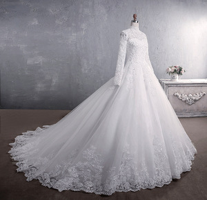 New Heavy-duty Long-<b>sleeved</b> Summer Lace Bride Stand-up Collar Chapel Train Royal Bohemian Floral Pattern White Wedding Dress - Product Image 2