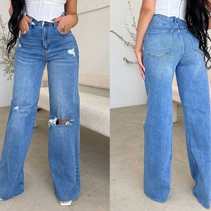 Jean large déchiré taille haute en toile de jute pour femme – Confort et style inégalés - Product Image 2