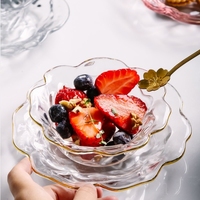 Bol en verre en forme de fleur Hotsale Assiette en verre à dessert avec bord doré Dessert à la crème glacée Bols à fruits au yaourt Vaisselle Restaurant à domicile