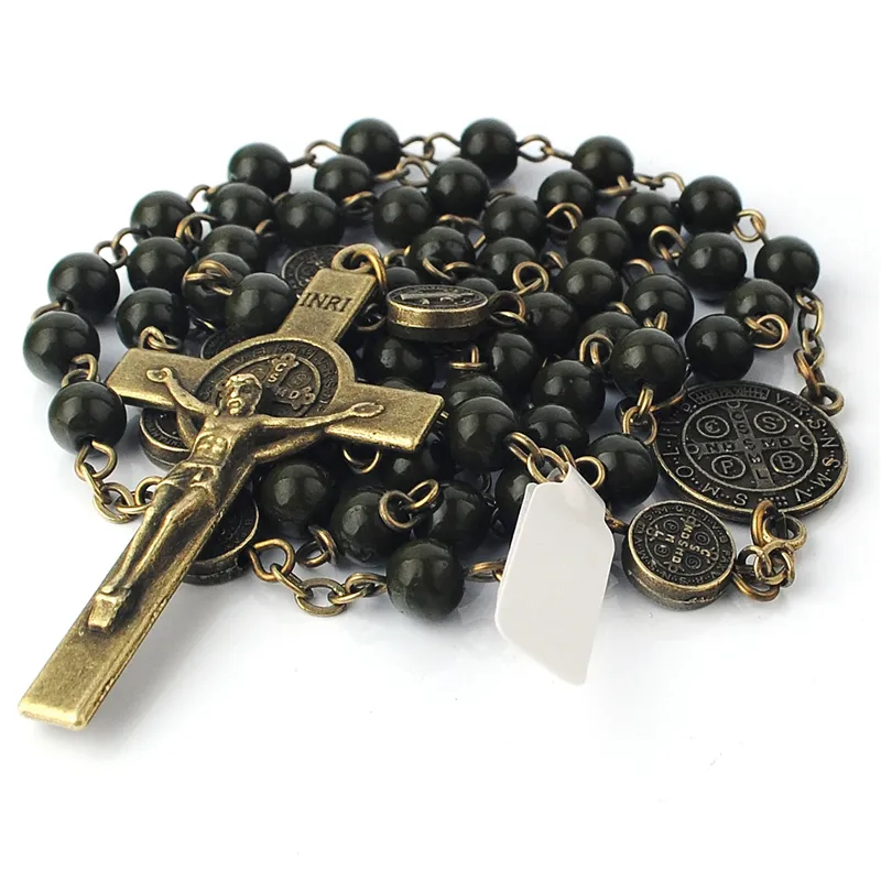 Kingme CRN007 Antique Bronze Plated Glass Beads Rosary Catholic Necklace with St.Benedict Center and Crucifix