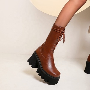 PU Upper Thick Sole Women <b>Boots</b> Back Zipper Combat Short Booties High Heel Comfortable Lace up Half Knee High <b>Boots</b> Shoes - Product Image 5