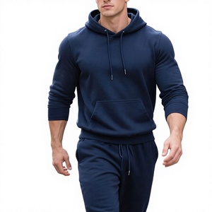 Survêtement à capuche bleu marine pour homme, 100 % coton, manches longues, couleur unie, décontracté, respirant, léger, avec cordon de serrage et poches latérales - Product Image 2