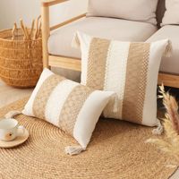 Housse de coussin décorative en dentelle géométrique de style bohème, taie d'oreiller en coton et polyester avec pompon