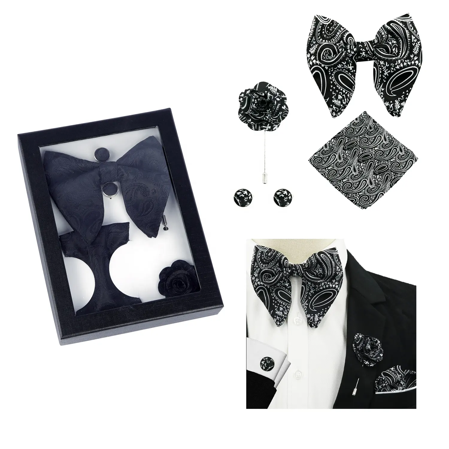 Klaar Om Nieuwe Stijl Mannen Luxe Self Tie Bowtie Zakdoek Manchetknopen Revers-Pin 4 Stuks Set Voor Mannen Effen Geverfde Doos Verpakking