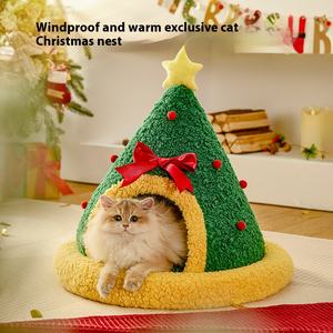 Haute qualité respirant dessin animé Style chaussettes de noël chat sommeil maison et arbre de noël rond nid pour animaux de compagnie pour chats et chiens - Product Image 2