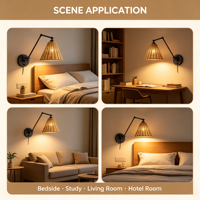 Applique murale en rotin à bras articulé, lampe murale réglable en métal noir avec abat-jour en rotin pour chambre à coucher, hôtel, éclairage de lecture