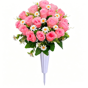 ช่อดอกกุหลาบ<span class=keywords><strong>ป</strong></span>ระดิษฐ์รูปหัวใจ <span class=keywords><strong>สีชมพู</strong></span>ฟูเชีย ทำจากโฟม พร้อมใบเฟิร์นสีเขียว จัดวางเป็นช่อดอกไม้สำหรับตกแต่งบ้านและสุสาน - Product Image 4