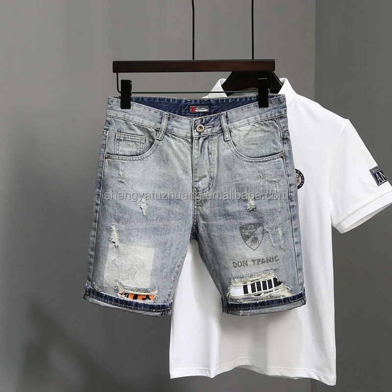 Summer men's jeans hole casual shorts washed high-quality shorts