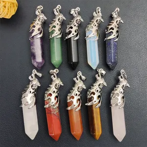 New Arrivals Natural Stone Pendulum Pendants Carved Wolf Head Silver Plated Hexagon Point Gemstone Charms For Necklace Making