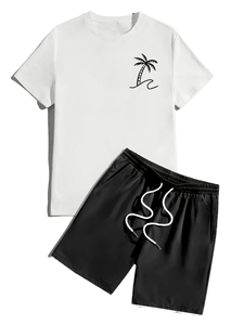 Ensemble T-shirt et short décontracté d'été pour homme, col en V, manches courtes, respirant, imprimé cocotier, T-shirt blanc, short rose à cordon en satin 100% - Product Image 2