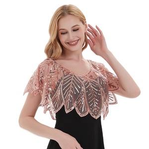 Châle de soirée des années 20, cape de mariée, boléro vintage, brodé de feuilles et de motifs zig-zag, style Charleston, avec sequins et perles - Product Image 2