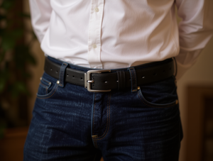 Cintura da uomo in lega con fibbia ad ardiglione da 4,0 cm, cuciture sui bordi, cinture casual in metallo - Product Image 2