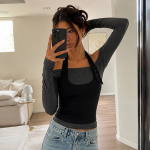 Women's 2 Piece Off Shoulder <b>Top</b> Halter Neck Stretchy Fitted Long Sleeve Casual Streetwear Blouse - Product Image 5