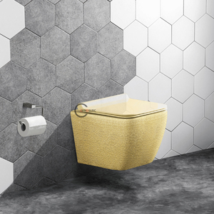 Inodoro suspendido de porcelana de 180 mm con sifón en P, acabado rugoso, color dorado, con tapa de asiento de cierre suave y sanitario - Product Image 1