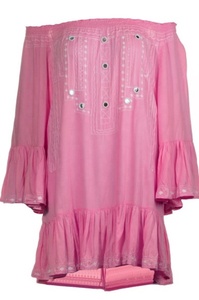 Boho Summer Short <b>Kaftan</b> Dress Western Ruffle Geometric Embroidered Sexy Strapless Cover Natural Waistfit Custom Mirror Fits - Product Image 4