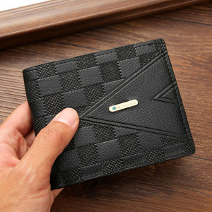 Người đàn ông cổ điển của thiết kế PU da kẻ sọc Bifold Ví mở đóng cửa Polyester Lót Tiền Thẻ tín dụng đồng xu ví túi chủ - Product Image 1