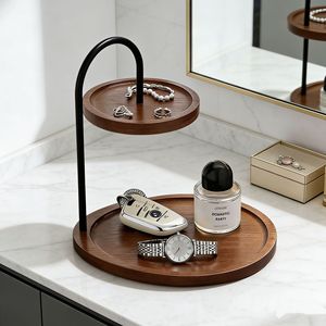 Solid Wood Double Layer Desktop <b>Shelf</b> Round Standing Organizer For Keys Cosmetics Jewelry Office <b>Bedside</b> Storage - Product Image 3