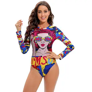 Baju Renang 2023 Kualitas Tinggi Pakaian Mandi One Piece Lengan Panjang Cetak Kartun Baju Renang Bodysuits Wanita Pakaian Renang