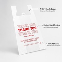 Sacs de courses en plastique sur rouleau, sacs T-shirt en PEHD blancs et rouges imprimés « Merci » et « Bonne journée », sacs de caisse en vrac avec poignées
