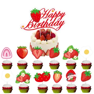 红色草莓主题派对装饰狗蛋糕插卡