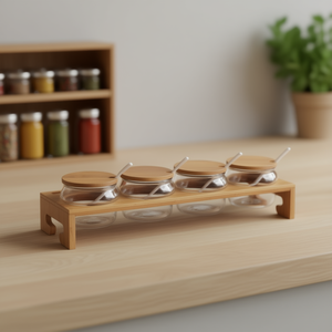 Juego de tarros de mermelada con 4 tarros de vidrio, tapas de bambú y soporte para almacenamiento de condimentos - Product Image 3