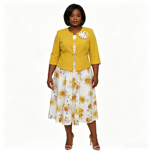 Ensemble deux pièces élégant pour femmes grandes tailles, robe à imprimé floral longueur genou avec veste jaune et détails boutonnés, tenue de printemps - Product Image 1