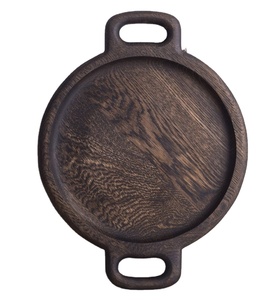 PROMOTION Plateau alimentaire rond en bois à compartiments, Assiette <span class=keywords><strong>de</strong></span> présentation en bois <span class=keywords><strong>de</strong></span> chêne foncé pour aliments et salades avec poignées - Product Image 1