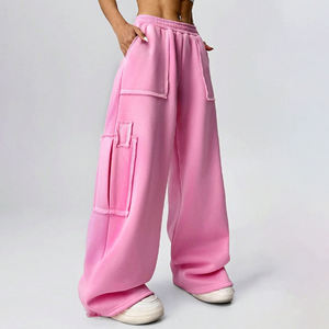 Pantalon de survêtement épais 100 % coton personnalisé OEM/ODM, pantalon de sport taille mi-haute élastique personnalisé avec grande poche, pantalon rose pour femme - Product Image 1