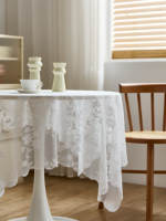 Nappe ronde en dentelle florale transparente, nappe transparente à bord ondulé blanc pour mariage, fête, décoration de salle à manger