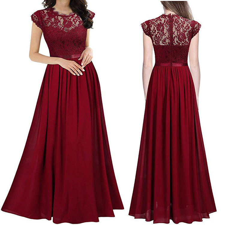 Plus Size Mesh Lace Bridesmaid Evening Dress Custom Wine Red Navy Green Short Sleeve Elegant Wedding Maids Maxi Dress Wholesale
