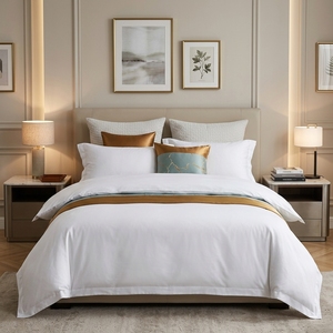 Draps de lit d'hôtel 100 % coton 200 fils, faible MOQ – <span class=keywords><strong>Drap</strong></span> plat doux, <span class=keywords><strong>drap</strong></span>-housse profond, ignifuge, écologique pour B&B - Product Image 1