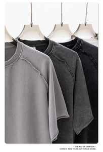 Camiseta de manga corta para hombre, estilo americano de verano, 100% algodón, 330G, con efecto lavado y teñido con cera, con acabado desgastado y puños enrollados, talla grande - Product Image 2