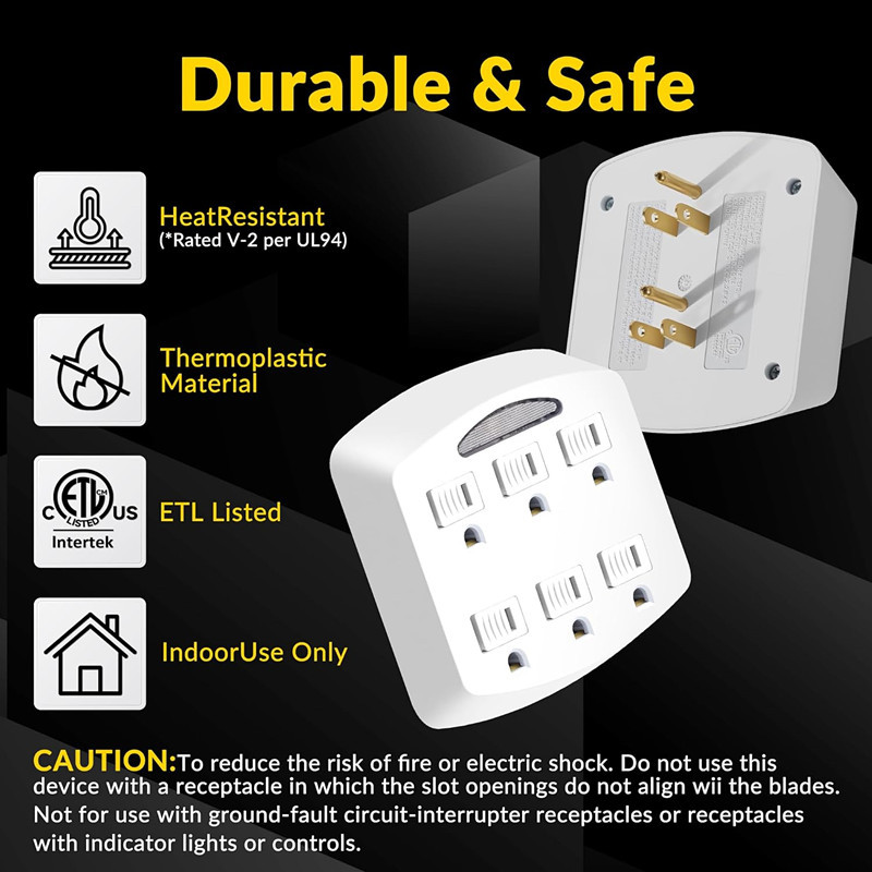 6-Outlet ABS Extender <strong>3</strong>-<strong>Prong</strong> Grounded Wall Socket Tap Adapter LED <strong>Guide</strong> Light 15A 1875W Multiple <strong>Plug</strong> Splitter
