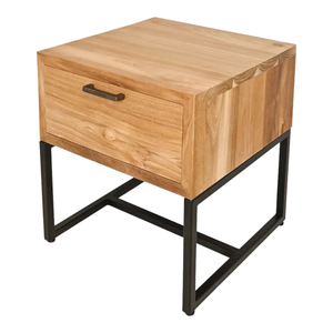 Mesita de Noche de Madera de Teca Maciza y Hierro, Robusta y Elegante con Cajón Espacioso, Diseño Duradero, Perfecta para el Dormitorio - Product Image 3