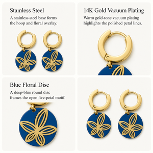 Boucles d'oreilles pendantes en acier inoxydable plaqué or 14 carats, motif floral bleu, cinq pétales, style Huggie Hoop - Product Image 5