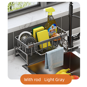 Support à éponges multifonction moderne pour évier de cuisine, en acier au carbone antirouille, avec plateau d'auto-drainage - Product Image 6