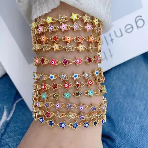 New Multicolor Gold Plated Gemstone Lucky Evil Eyes Enamel Charm Bracelet,Sparkle Star Shape Zircon Jewelry Wholesale Supplies