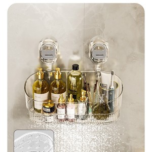 Estante de almacenamiento para baño con ventosa, montado en la pared, transparente, gris, marrón, rectangular, duradero, soporte de esquina para cosméticos - Product Image 3