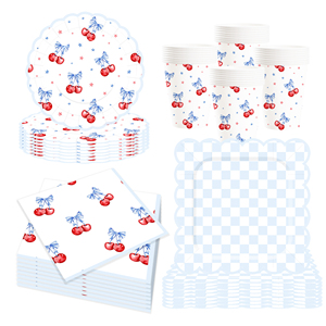 DAMAI Picnic Kids Birthday Party Supplies Blue Square Plaid Plate With Red Cherry <b>Disposable</b> <b>Tableware</b> Paper Napkins Cups Plates - Product Image 5