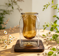 Tasse en verre borosilicate ambré à double paroi, soufflée à la main, coque extérieure transparente, base en bois, 120 ml, pour café, thé, jus