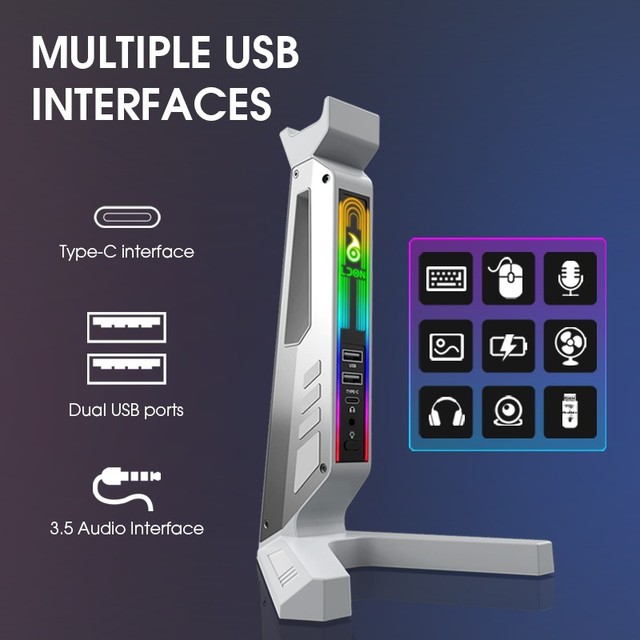 LDON-ZH01 RGB LED Aluminium Alloy Gaming Headset Stand USB 3.2/3.0/Type-C Ports Custom Patterns Logo Service Gifts
