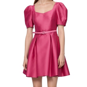 Vestido Corto Casual Elegante de Primavera/Verano, Color Rojo Ámbar, con Corsé de Pana y Mangas Abullonadas, Personalizado y de Alta Calidad - Product Image 3
