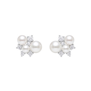 Freshwater <b>Pearl</b> Stud <b>Earrings</b> With Round Brilliant Cut <b>Diamonds</b> 925 Silver Flower Design Classic Women's Wedding Jewelry - Product Image 1