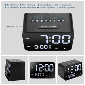 Cargador de Noche con Reloj Despertador Digital LED Dual, 3 Puertos USB, 2 Tomas de Corriente Alterna, Máquina de Sonido Relajante con Ruido Blanco para Dormir - Product Image 6