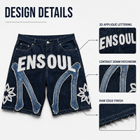 Shorts en jean délavé effet vieilli personnalisés pour hommes, style streetwear, coupe ample, avec broderie, patchs et appliques, fermeture éclair, taille moyenne, OEM