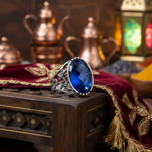 Oval Cut Sapphire Gemstone Ottoman Style Authentic <b>Men</b> <b>Ring</b> Turkish Wholesale Handmade 925 Sterling Silver - Product Image 3