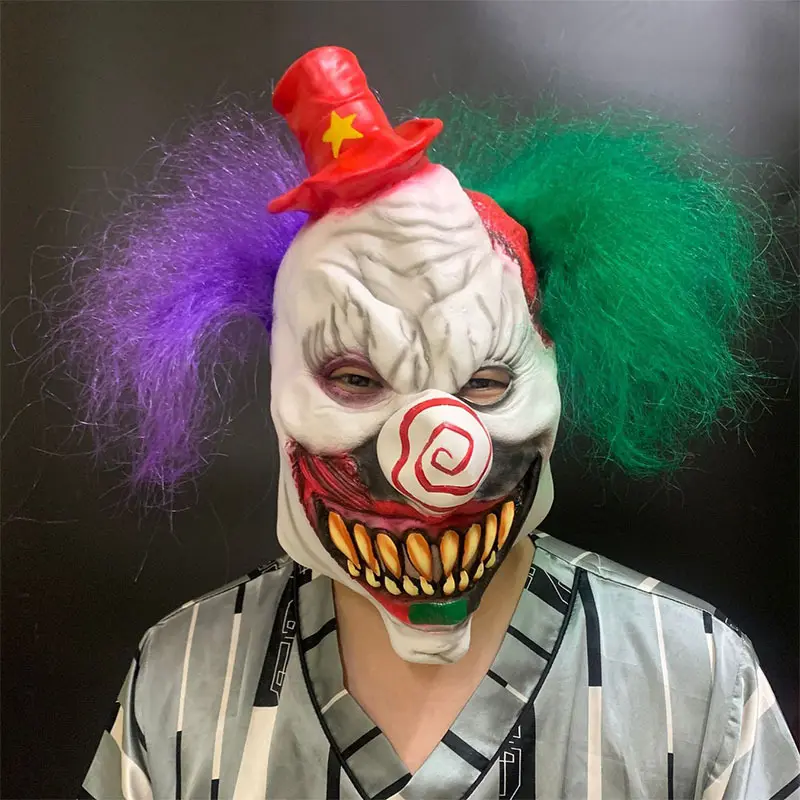 Masker badut hidung lingkaran merah penutup kepala Halloween mengerikan kostum bola Cosplay Prop rambut hijau ungu kepala Joker dengan topi