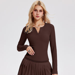 महिलाओं की लंबी आस्तीन लाउंज v-गर्दन के शीर्ष स्लिम फिट फिट बुना हुआ शर्ट कसरत जिम योग - Product Image 4