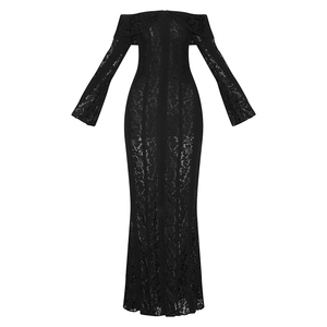 Vestido Maxi Negro de Encaje con Hombros Descubiertos, Estilo Gótico Sexy, Ropa Personalizada de Fábrica Wisrise para <span class=keywords><strong>Mujer</strong></span> - Product Image 5