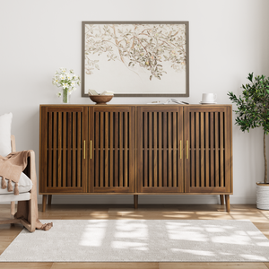 Credenza in noce da 63 pollici con 4 ante a griglia, mobile contenitore a righe per soggiorno e cucina - Product Image 3